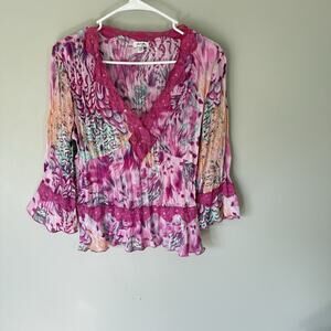 VTG Blouse Top Pink Pleats Bell sleeve Floral Animal Print S Boho Fairy Babydoll